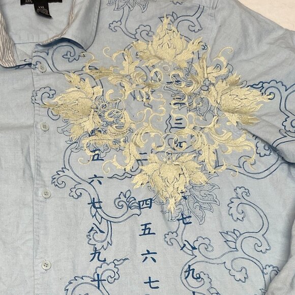 INC Chambray Linen Blend XXL Embroidered Button Up Print Shirt Blue Long Sleeve - Picture 10 of 12